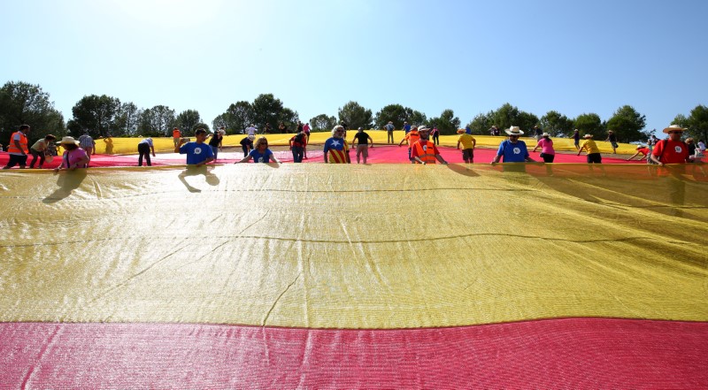 © Reuters. People assemble a giant Estelada flag, a Catalan separatist flag, during a pro-independence rally in Sant Cugat del Valles