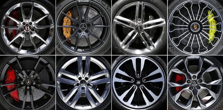 © Reuters. A combination picture shows the rims of various car manufacturers during a media preview day at the Frankfurt Motor Show (IAA)