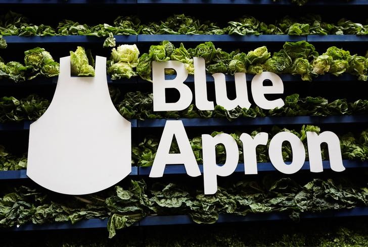 © Reuters. The Blue Apron logo is pictured ahead of the company's IPO on the New York Stock Exchange in New York,