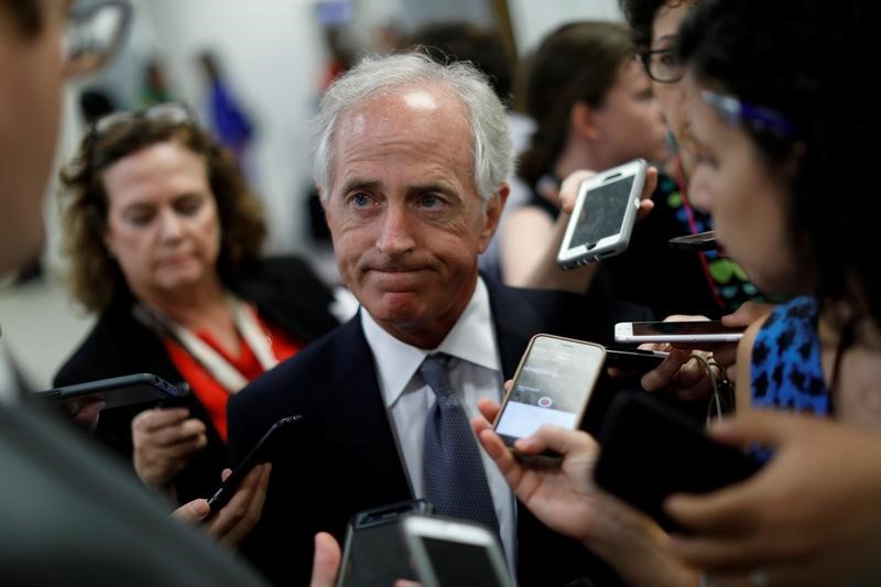 © Reuters. Senator Bob Corker (R-TN) speaks with reporters about the withdrawn Republican health care bill on Capitol Hill in Washington