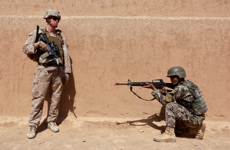 © Reuters. A U.S. Marine stands next to an Afghan National Army (ANA) soldier during a training in Helmand province