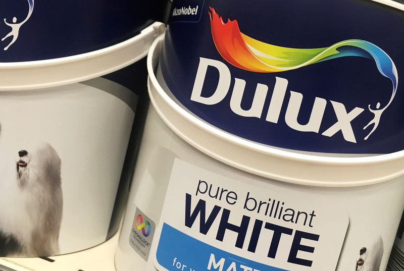 © Reuters. FILE PHOTO: Cans of Dulux paint, an Akzo Nobel brand, are seen on the shelves of a hardware store near Manchester, Britain.