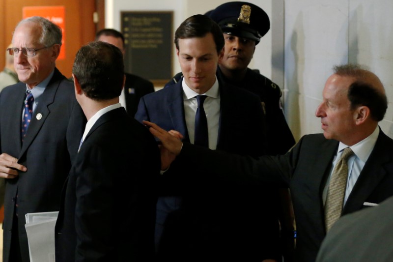 © Reuters. Kushner bids farewell to Conaway and Schiff as he departs following a closed-door meeting with the House Intelligence Committee on Capitol Hill in Washington