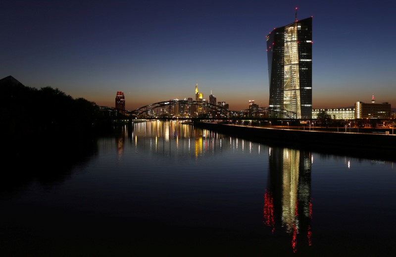 © Reuters. FILE PHOTO: The headquarters of the European Central Bank (ECB) (R) is seen next to the famous skyline in Frankfurt