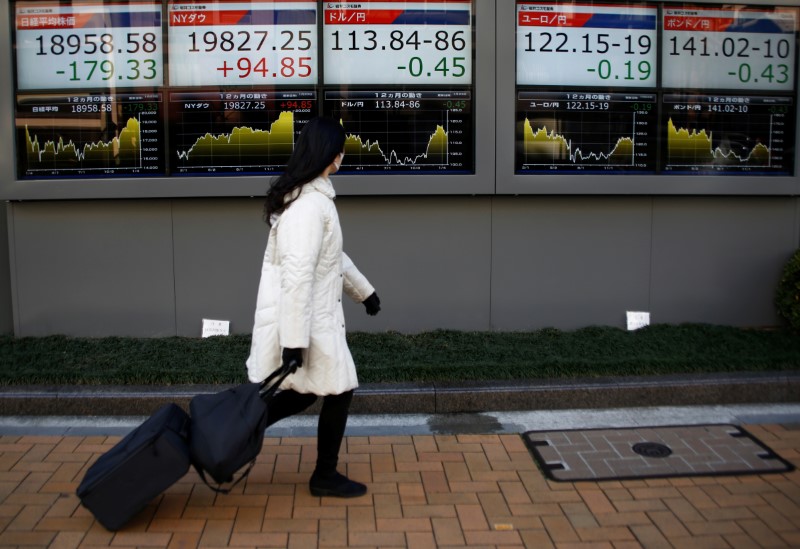 © Reuters. A woman walks past electronic board showing stock prices and Japanese Yen's exchange rate outside a brokerage at a business district in Tokyo