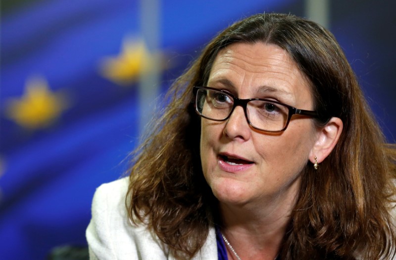 © Reuters. FILE PHOTO:EU Trade Commissioner Malmstrom speaks during an interview with Reuters in Brussels