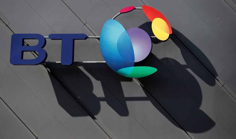 © Reuters. FILE PHOTO: A BT company logo is pictured on the side of a convention centre in Liverpool northern England.