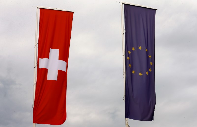 © Reuters. Flags of the European Union and Switzerland flutter in the wind in Blotzheim