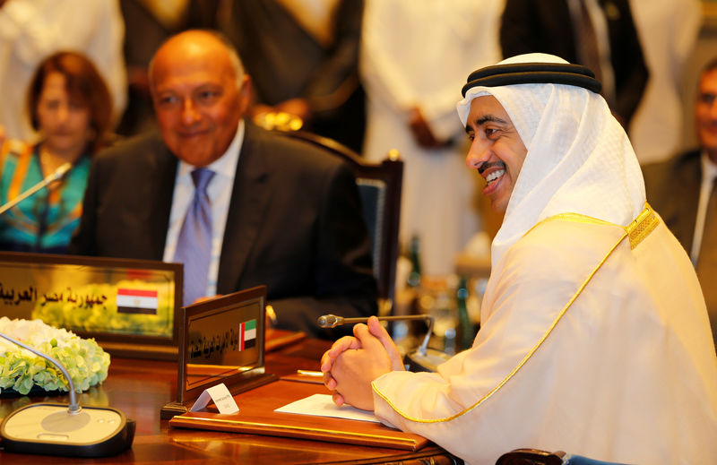 © Reuters. Foreign ministers of Saudi Arabia, Bahrain, United Arab Emirates and Egypt meet in Manama