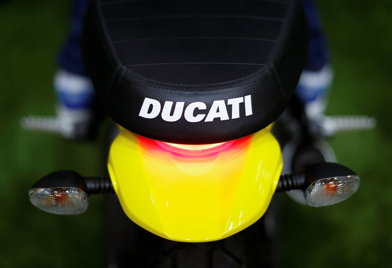 © Reuters. FILE PHOTO: The Ducati logo is seen on a Scrambler model in Rome