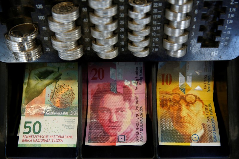 © Reuters. FILE PHOTO - New 50 Swiss Franc note is seen at a market stall after its release by the Swiss National Bank in Bern