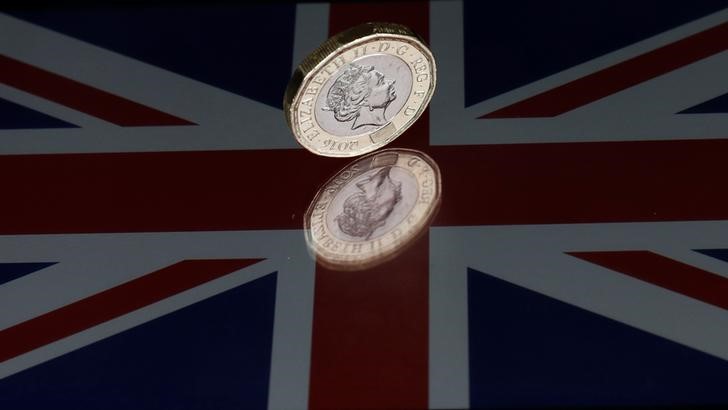 © Reuters. A one pound coin lies on a Union Flag in Loughborough