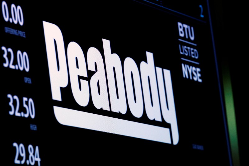 © Reuters. The logo and trading information for U.S. coal miner Peabody Energy Corp. are displayed on a screen on the floor of the NYSE, New York