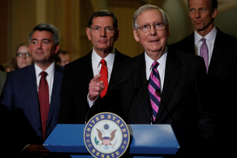 © Reuters. Senate Majority Leader Mitch McConnell, accompanied by Senator Cory Gardner, Senator John Barrasso  and Senator John Thune, speaks with reporters following the party luncheons on Capitol Hill in Washington