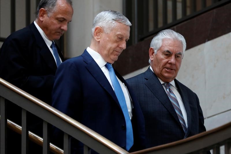 © Reuters. Secretary of Defense James Mattis and Secretary of State Rex Tillerson arrive to brief the Senate Foreign Relations Committee on the ongoing fight against the Islamic State on Capitol Hill in Washington