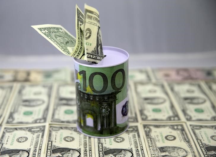 © Reuters. FILE PHOTO - Dollar banknotes are seen under Euro saving money box in this picture illustration