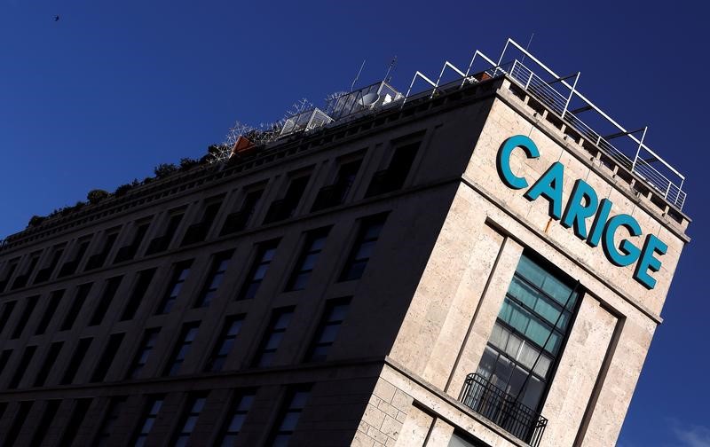 © Reuters. The Carige bank logo is seen in Rome