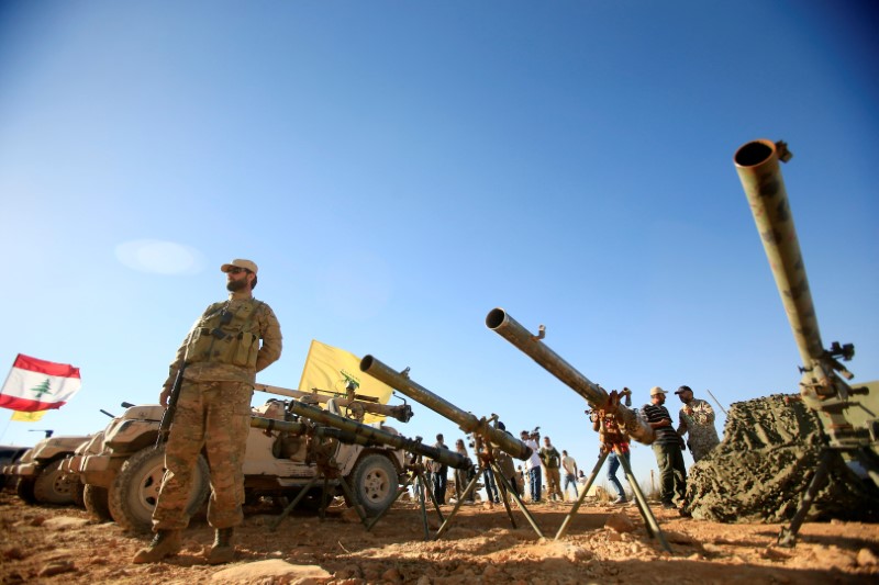 © Reuters. A Hezbollah fighter stands in front of anti-tank artillery at Juroud Arsal