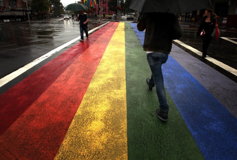 © Reuters. People walk across a rainbow pedestrian crossing painted on Sydney's Oxford street