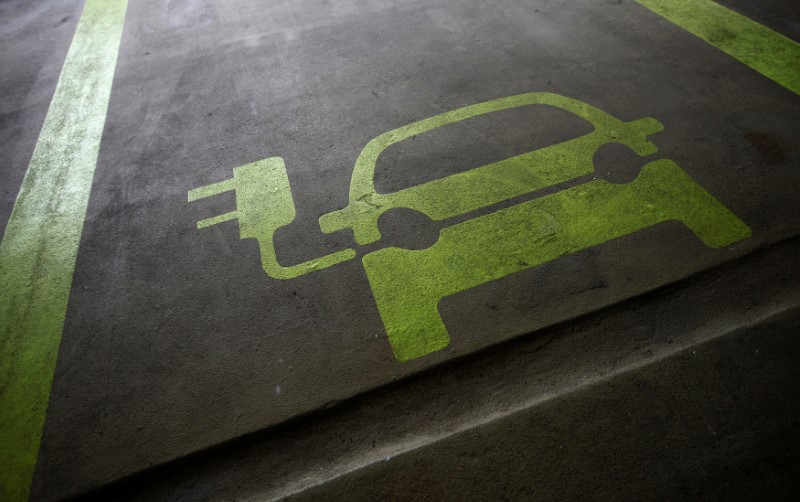 © Reuters. FILE PHOTO:  A sign is painted on a parking space for electric cars inside a car park in Hong Kong