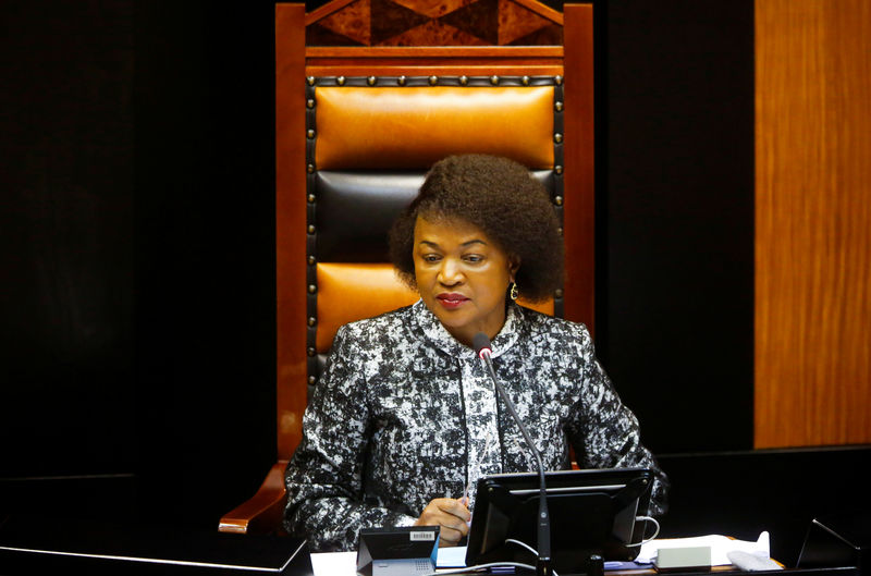 © Reuters. Parliamentary Speaker Baleka Mbete listens during a debate in Cape Town