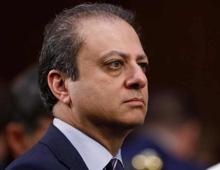 © Reuters. FILE PHOTO - Former U.S. attorney Bharara listens questions during Senate Intelligence Committee hearing on Russia's alleged interference in the 2016 U.S. presidential election on Capitol Hill in Washington