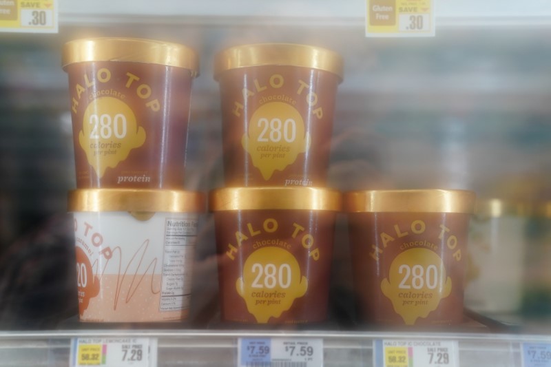 © Reuters. Halo Top ice cream is pictured though a fogged glass door in a grocery store freezer in the Manhattan borough of New York City