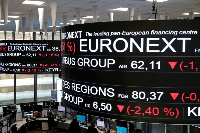 © Reuters. FILE PHOTO: Company stock price information is displayed on screens as they hang above the Paris stock exchange, operated by Euronext NV, in La Defense business district in Paris