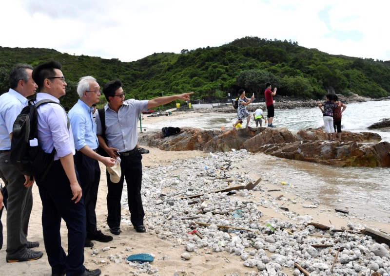 © Reuters. Subsecretário do Ambiente, Tse Chin-wan, visita praia que está passando por processo de limpeza de óleo de palma, em Hong Kong