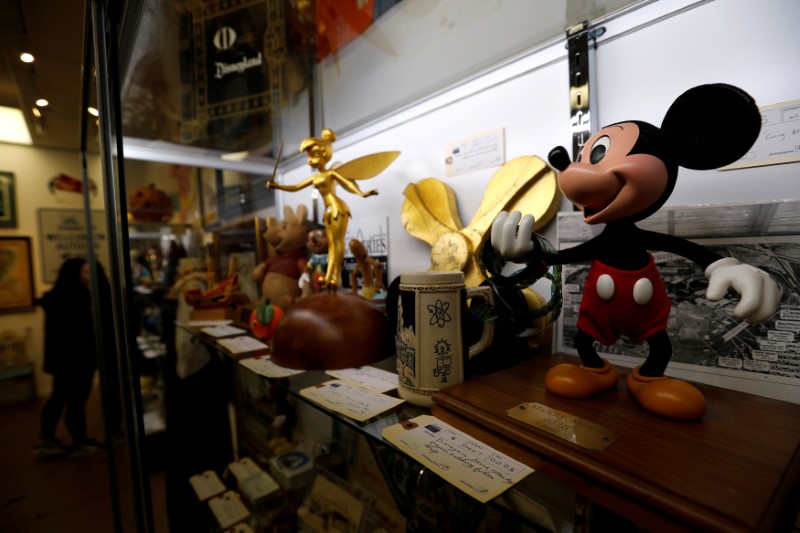 © Reuters. FILE PHOTO: A Mickey Mouse figure and other items are on display during a press preview for the upcoming auction "Walt Disney's Disneyland" at Van Eaton Galleries in Sherman Oaks, California