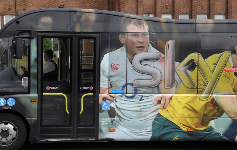 © Reuters. FILE PHOTO:The Sky News logo is seen on an advertising wrap on a bus in west London