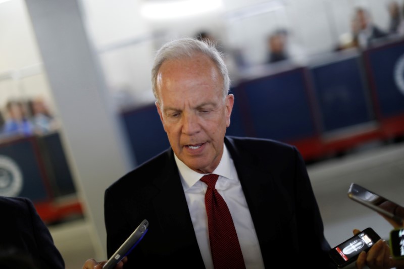 © Reuters. FILE PHOTO: Senator Jerry Moran (R-KS) speaks with reporters about the withdrawn Republican health care bill on Capitol Hill in Washington