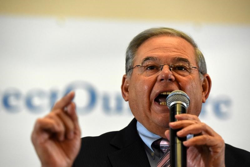 © Reuters. FILE PHOTO: Bob Menendez, United States Senator speaks during the First Stand Rally in Newark