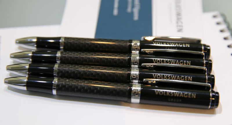© Reuters. Ballpoint pens are seen during Volkswagen Group annual news conference in Wolfsburg