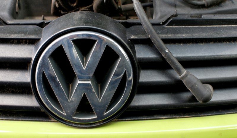 © Reuters. FILE PHOTO - File picture of a Volkswagen logo on a car's front at a scrapyard in Fuerstenfeldbruck