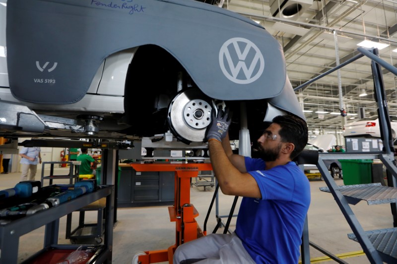 © Reuters. A worker assembles a car at the Volkswagen car assembly unit in Relizane