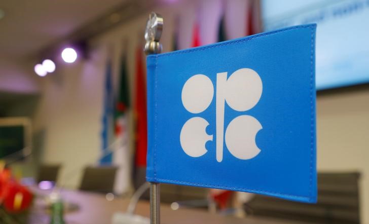 © Reuters. FILE PHOTO - A flag with the OPEC logo is seen before a news conference in Vienna