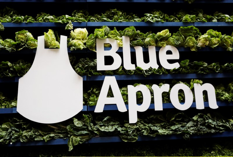 © Reuters. FILE PHOTO: The Blue Apron logo is pictured ahead of the company's IPO on the New York Stock Exchange in New York,