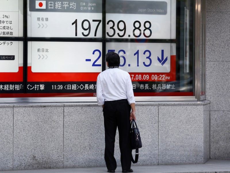 © Reuters. A man looks at an electronic board showing Japan's Nikkei average outside a brokerage at a business district in Tokyo