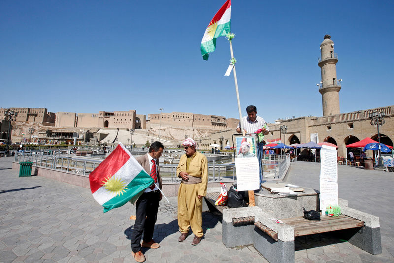 © Reuters. An Iraqi Kurdish man holds a Kurdish flag in Erbil