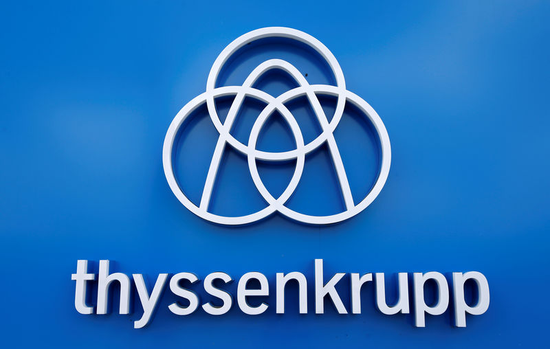 © Reuters. Thyssenkrupp's logo is seen close to the elevator test tower in Rottweil