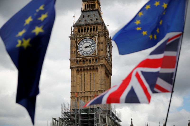 © Reuters. The Union Flag and European Union flags fly near the Elizabeth Tower, housing the Big Ben bell, during the anti-Brexit 'People's March for Europe', in Parliament Square in central London