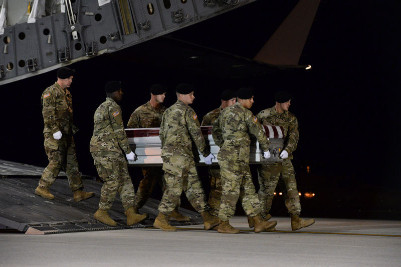 © Reuters. A U.S. Army carry team transfers the remains of Army Staff Sgt. Dustin Wright at Dover Air Force Base in Delaware