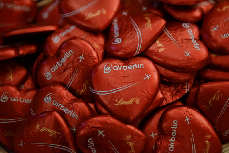 © Reuters. Chocolates with a logo of insolvent German airline Air Berlin before a news conference in Berlin