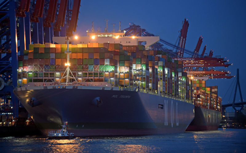 © Reuters. FILE PHOTO: Mol Triumph, the world's largest container ship, arrives at a loading terminal in the harbour of Hamburg