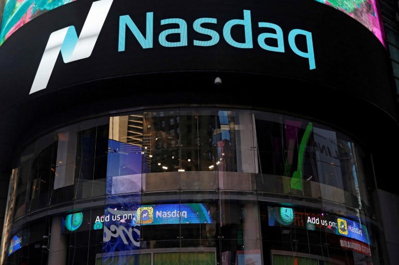 © Reuters. FILE PHOTO: A view of the exterior of the Nasdaq market site in the Manhattan borough of New York City