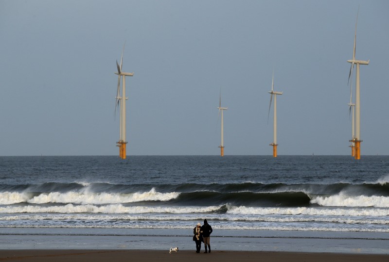 © Reuters. A couple walk their dog on Redcar beach past an offshore wind farm in Redcar