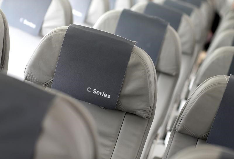 © Reuters. FILE PHOTO: The livery of a Bombardier CSeries Aircraft is seen prior to a demonstration flight to mark its first delivery to Swiss International Air Lines (SWISS) in Mirabel, Quebec