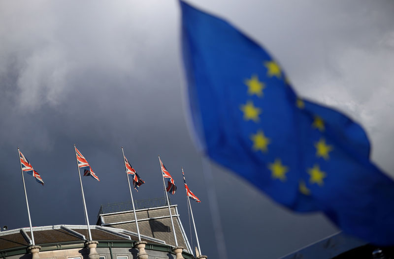 © Reuters. A European Union flag flies in front of Union Jack flags in London