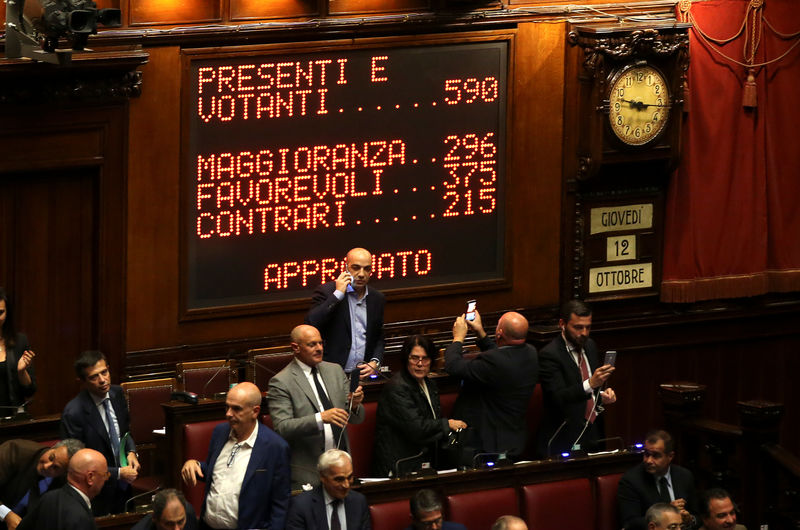 © Reuters. Electronic board displays count votes at the Lower House of the Parliament after the vote for electoral law in Rome